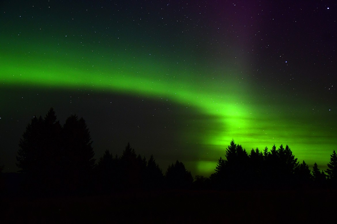 The aurora burns a bright green over Columbia Falls Monday morning. (Jeremy Weber photo)