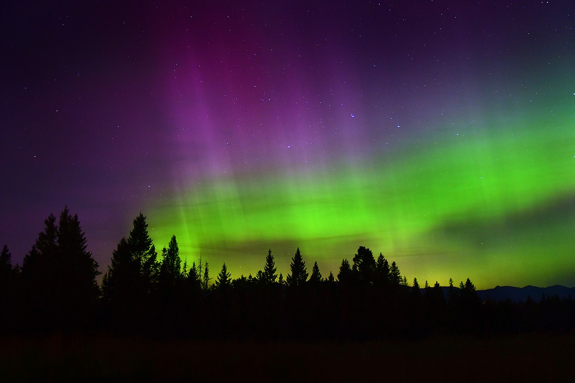 The view northwest towards Whitefish Mountain at the height of the aurora activity early Monday morning. (Jeremy Weber photo)