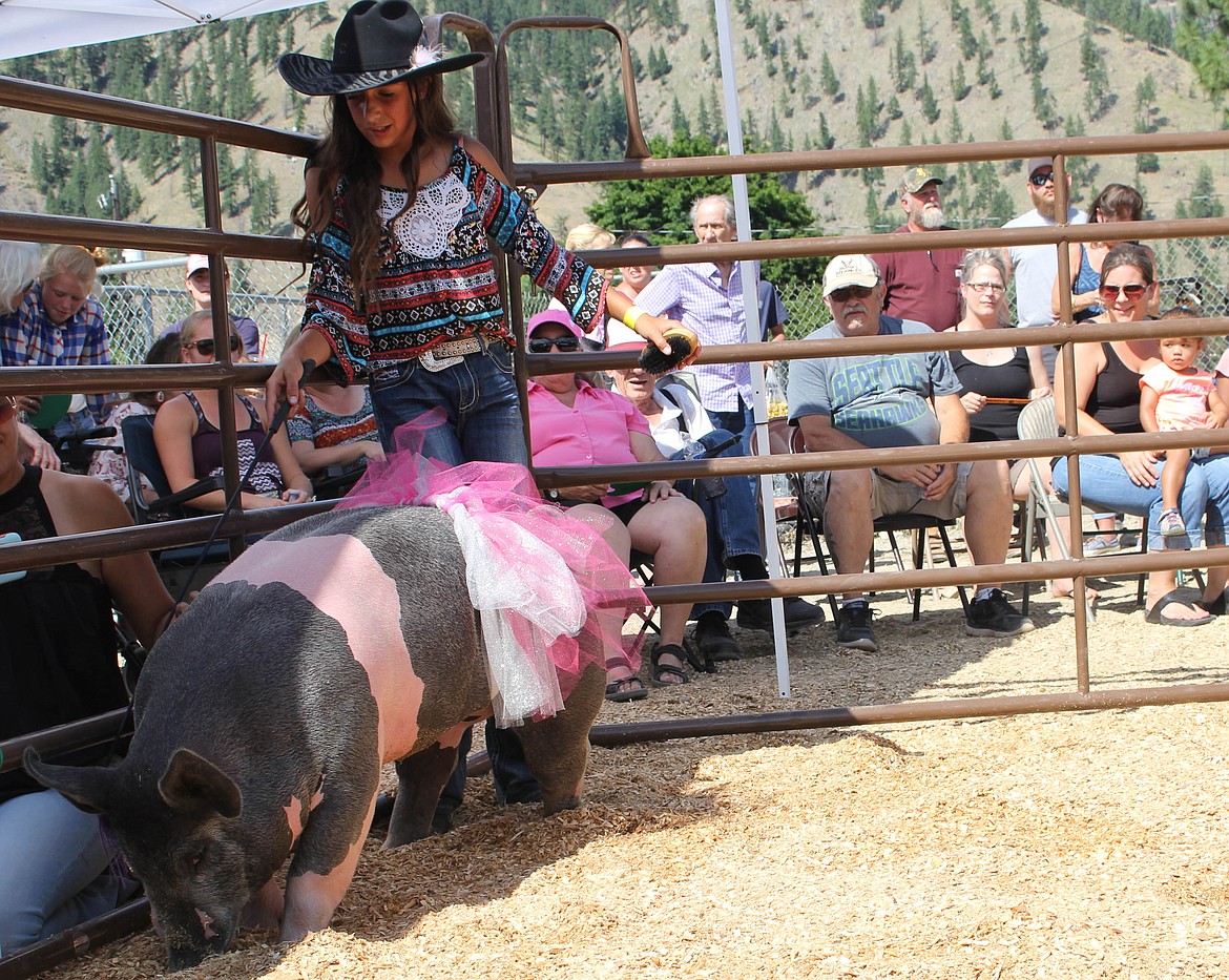 Bailey Hansen with her tutu wearing, blue ribbon swine at the 4H Auction on Saturday, August 3. (Maggie Dresser/Mineral Independent)