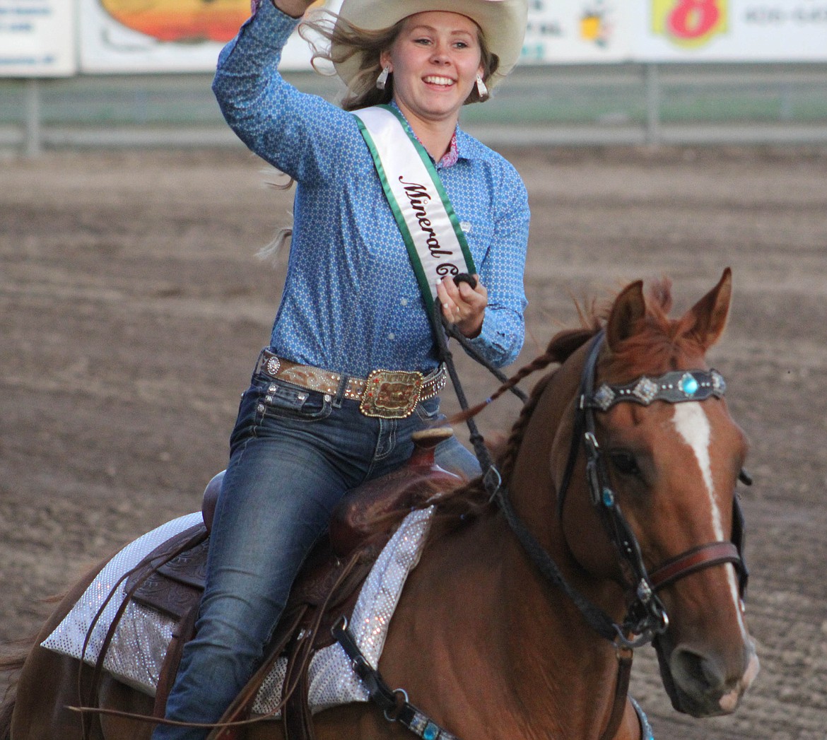 Rodeo Queen Emma Hill waves to the crowd to start of the 2019 Superior Lions Club &#147;Go for the Gold&#148; Rodeo on Saturday, August 3. (Maggie Dresser/Mineral Independent)
