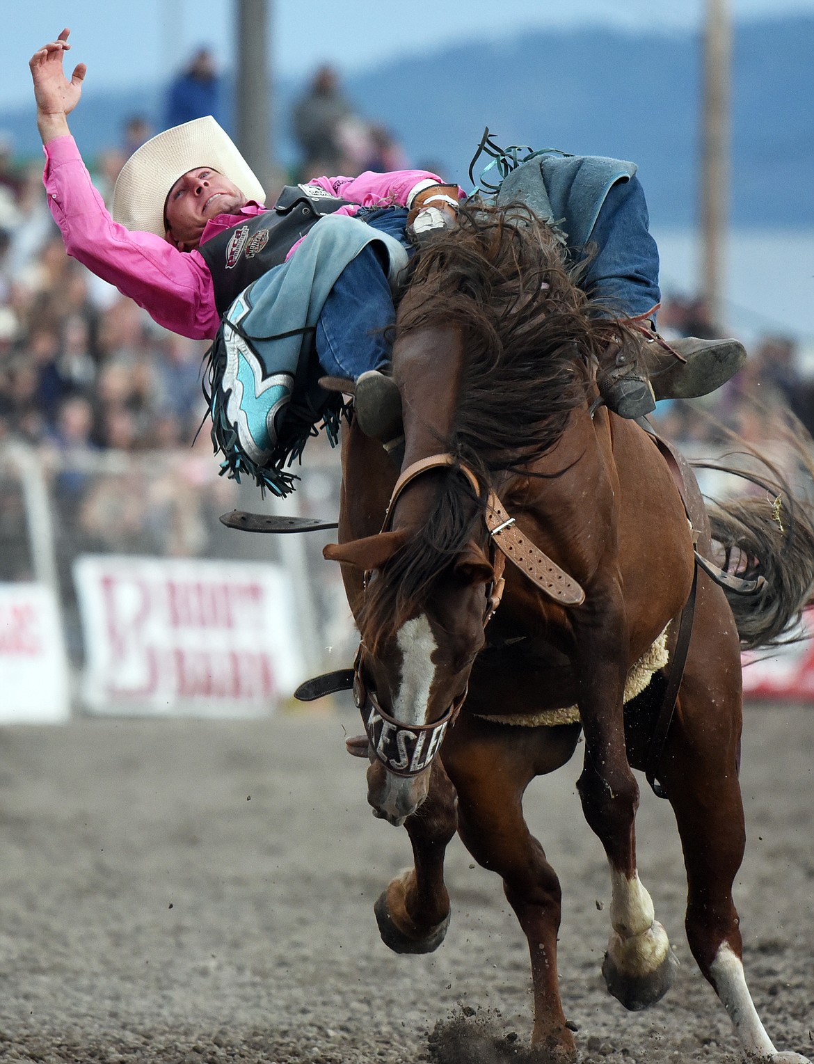 Trenten Montero, from Winnemucca, Nev., holds on to his horse Double Dippin' during bareback riding at the Northwest Montana Fair PRCA Rodeo at the Flathead County Fairgrounds on Friday. (Casey Kreider/Daily Inter Lake)