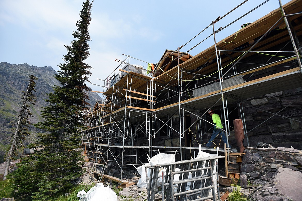 Crews from Dick Anderson Construction make progress on the Sperry Chalet rebuild in Glacier National Park on Thursday, Aug. 8. (Casey Kreider/Daily Inter Lake)