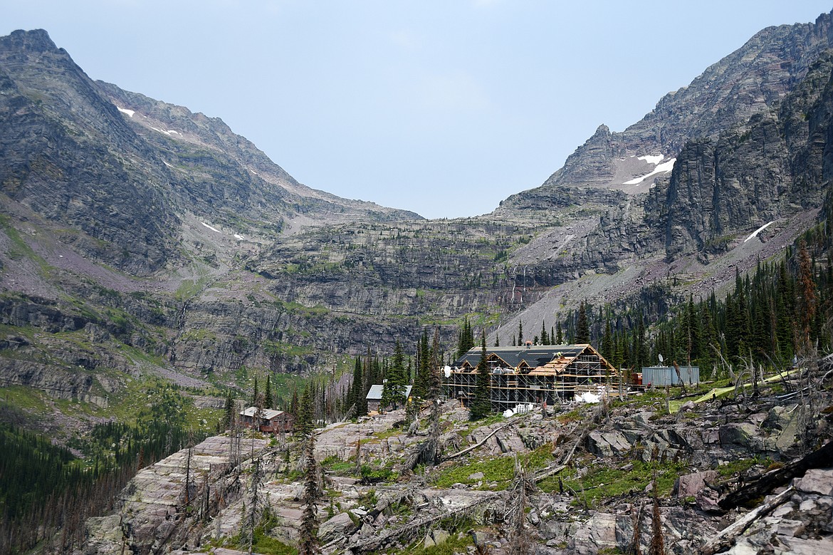 Crews from Dick Anderson Construction and Anderson Masonry make progress on the Sperry Chalet rebuild in Glacier National Park on Thursday, Aug. 8. (Casey Kreider/Daily Inter Lake)