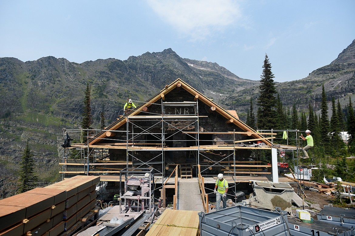 Crews from Dick Anderson Construction and Anderson Masonry make progress on the Sperry Chalet rebuild in Glacier National Park on Thursday, Aug. 8. (Casey Kreider/Daily Inter Lake)