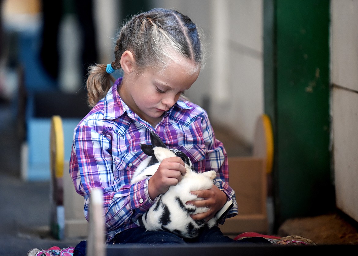 Kylee Oedekoven, 6, of Kalispell, cradles her rabbit Icy before the start of the Rabbit Hopping Competition.