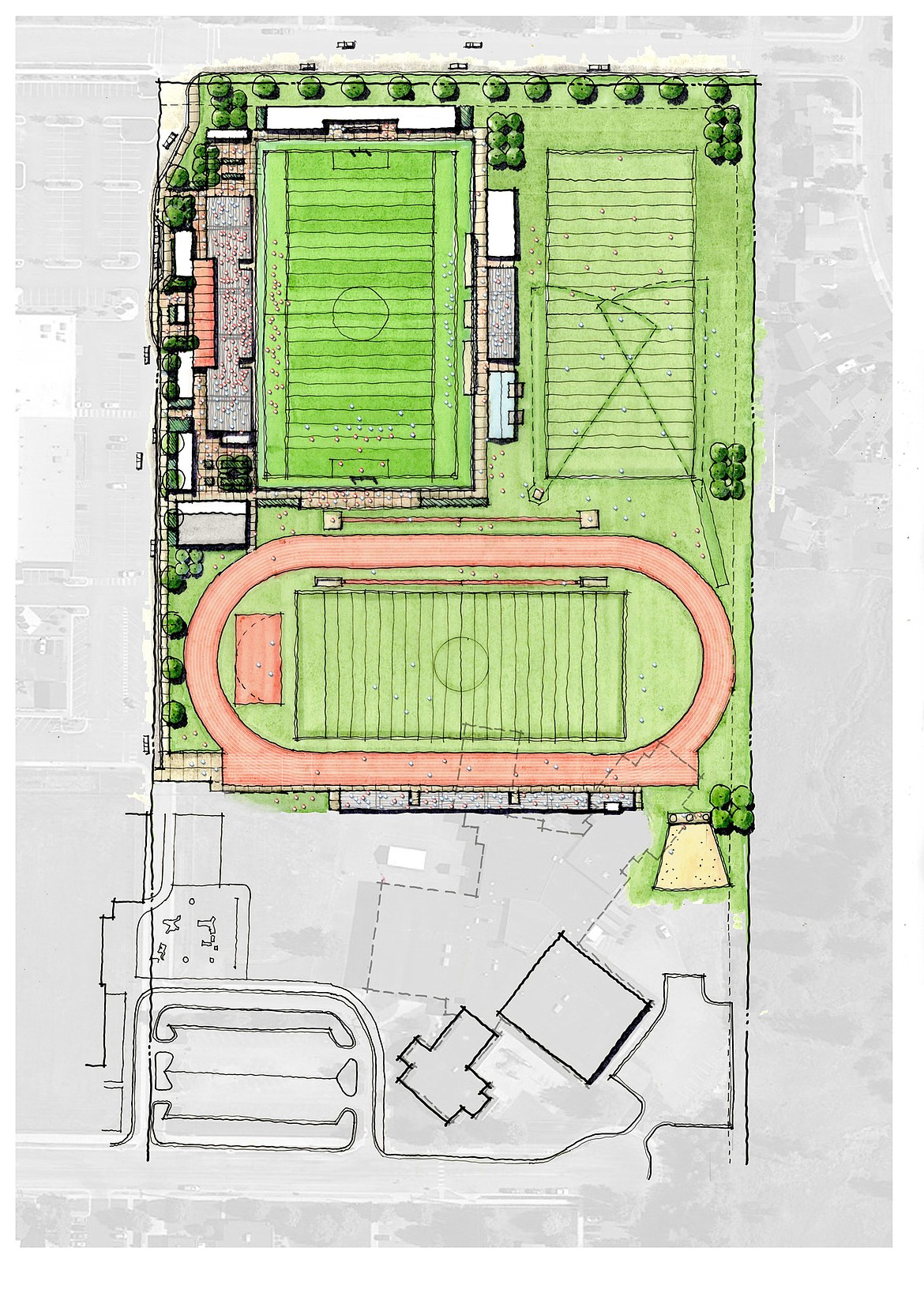 A mockup shows how a Bulldogs stadium facility could be laid out on the land adjacent to the high school. (Courtesy CTA Architects)