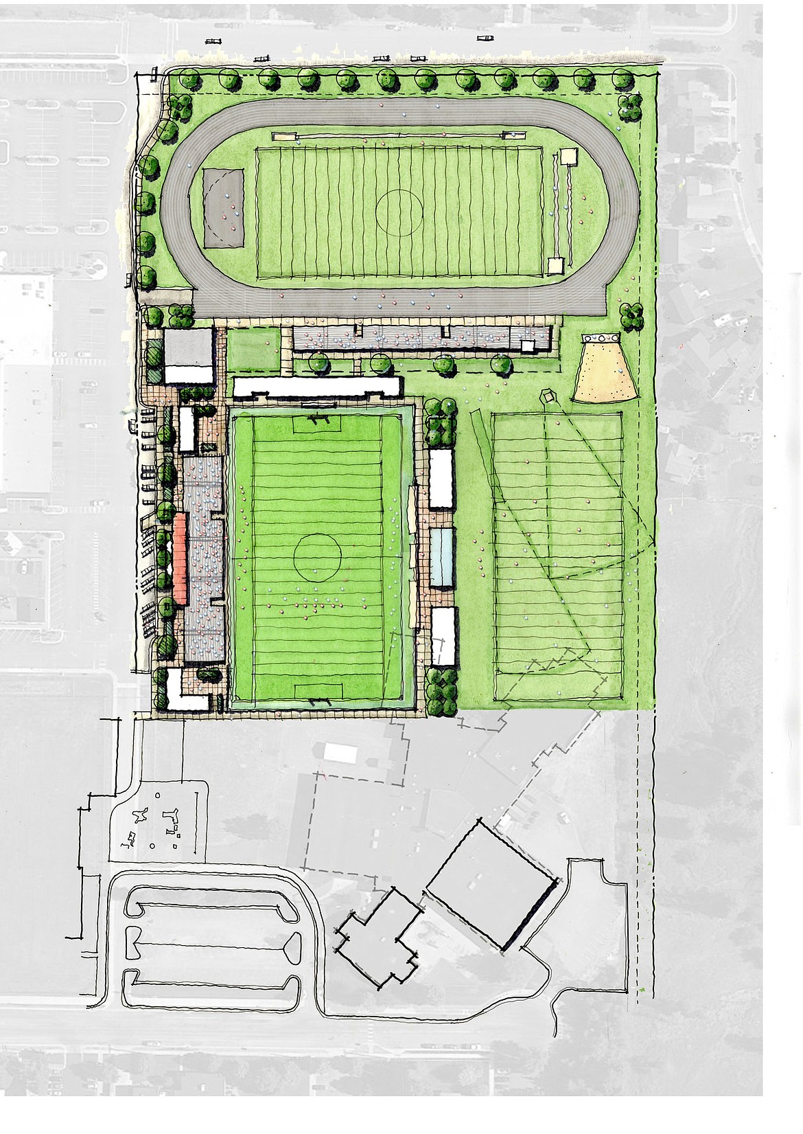 A mockup shows how a Bulldogs stadium facility could be laid out on the land adjacent to the high school. (Courtesy CTA Architects)