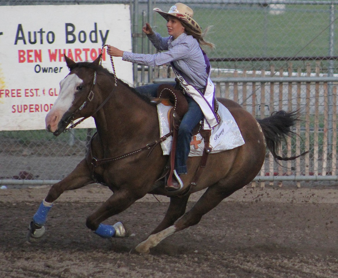 Rodeo Princess Darby Haskins rides at the Go For the Gold Rodeo at the Mineral County Fair on Saturday, August 3. (Maggie Dresser/Mineral Independent)