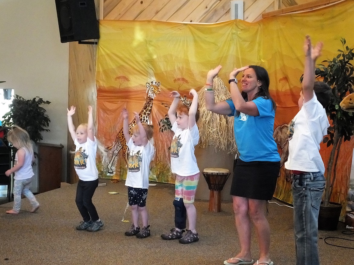 DANCING AT the Plains Bible Chapel, last week for Roar! Vacation Bible School. (Photo Credit Marla Burgess/Clark Fork Valley Press)