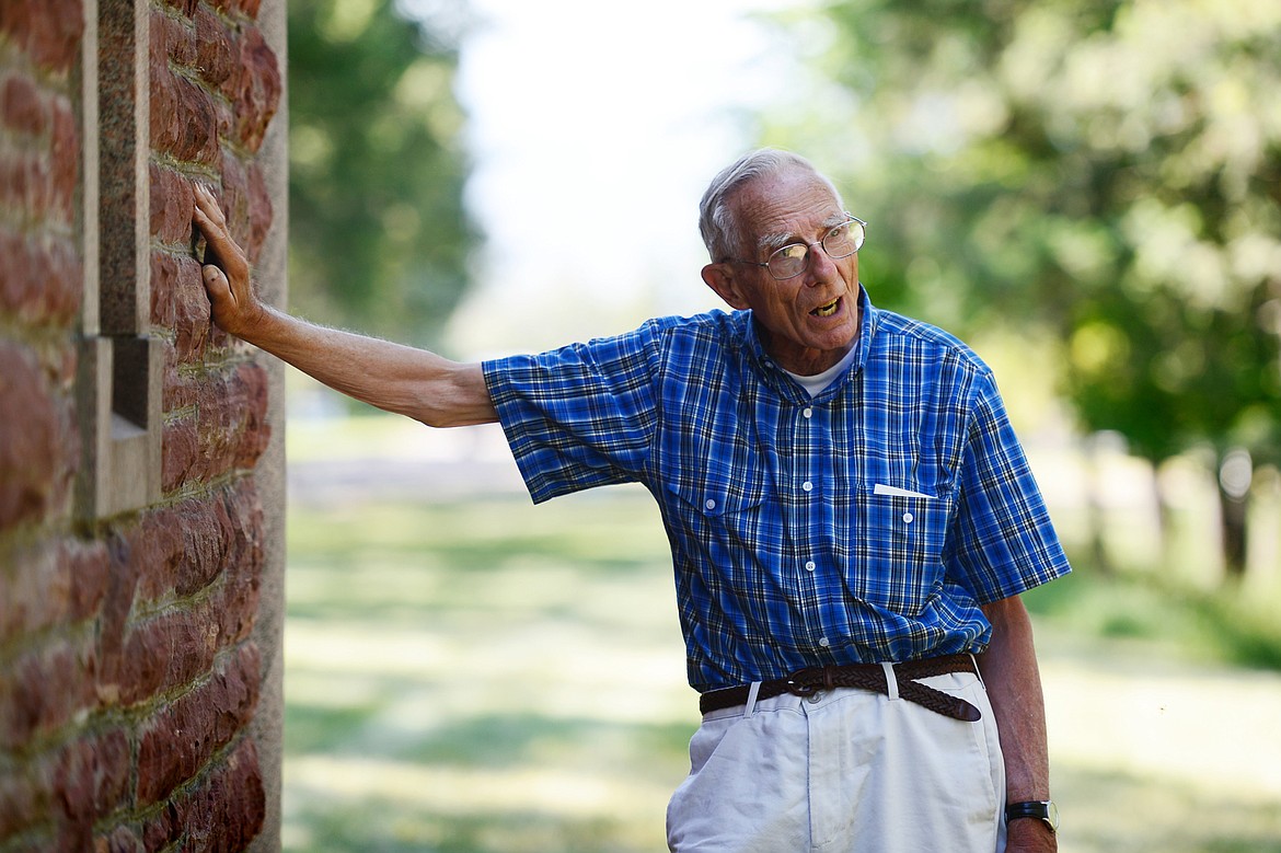 James Korn, sexton at C.E. Conrad Memorial Cemetery, describes the stone on the exterior of the Conrad mausoleum on the cemetery&#146;s grounds in Kalispell.