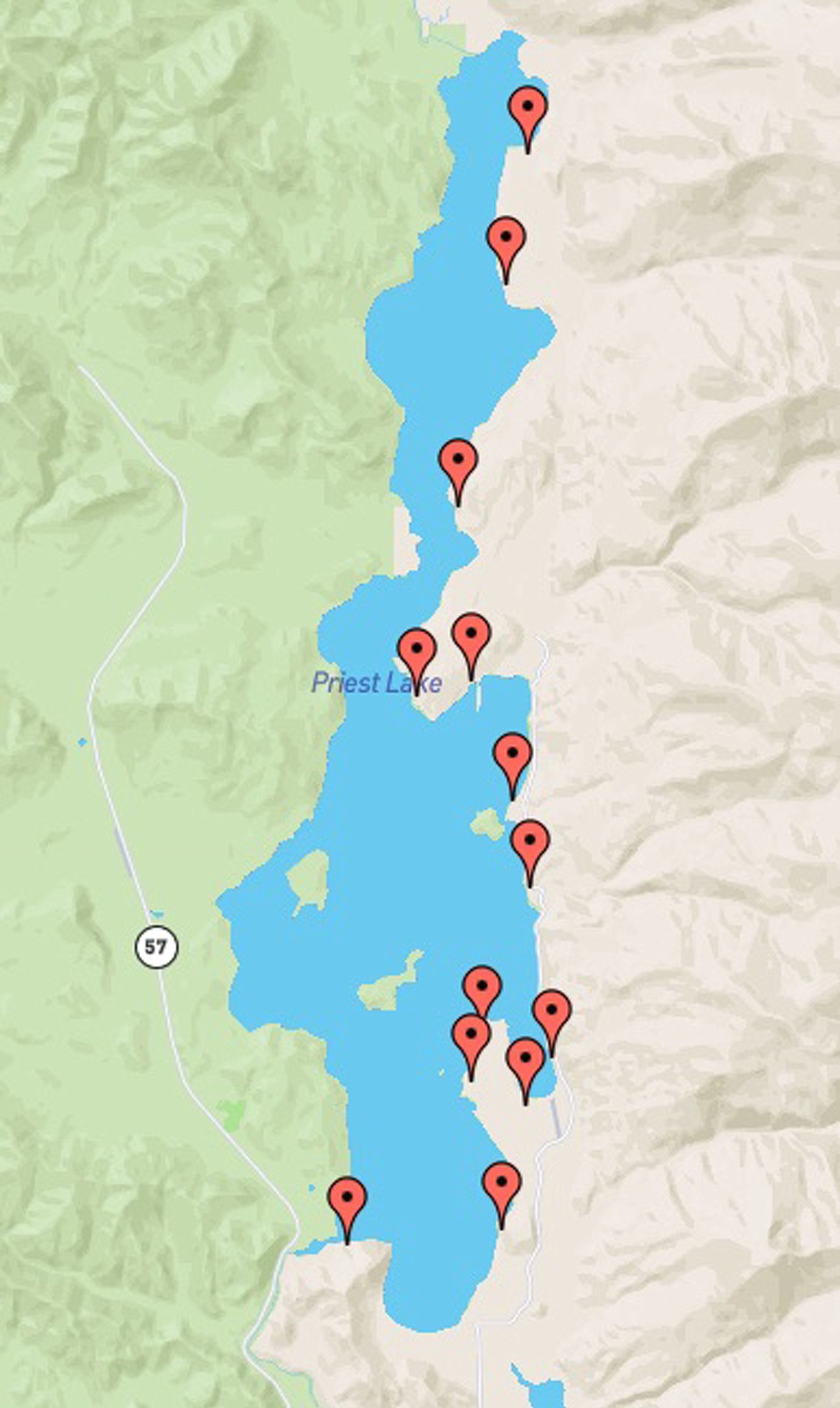 (Courtesy IDAHO DEPARTMENT OF LANDS)A map showing the location of state-owned lakefront lots at Priest Lake that were auctioned by the Idaho Department of Lands on Saturday. Of the lots up for auction, 26 of the 27 leased lots were won by the current lessee. In addition, three unleased lots were also auctioned off by the department.