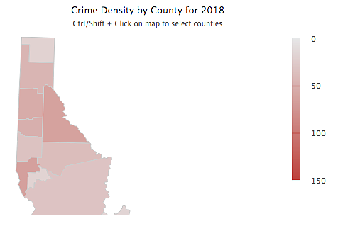 Graphic courtesy of IDAHO STATE POLICE
A map of North Idaho showing crime desity in the region. Shoshone County currently has the fourth-highest crime rate per 1,000 population in the state at 66.39.