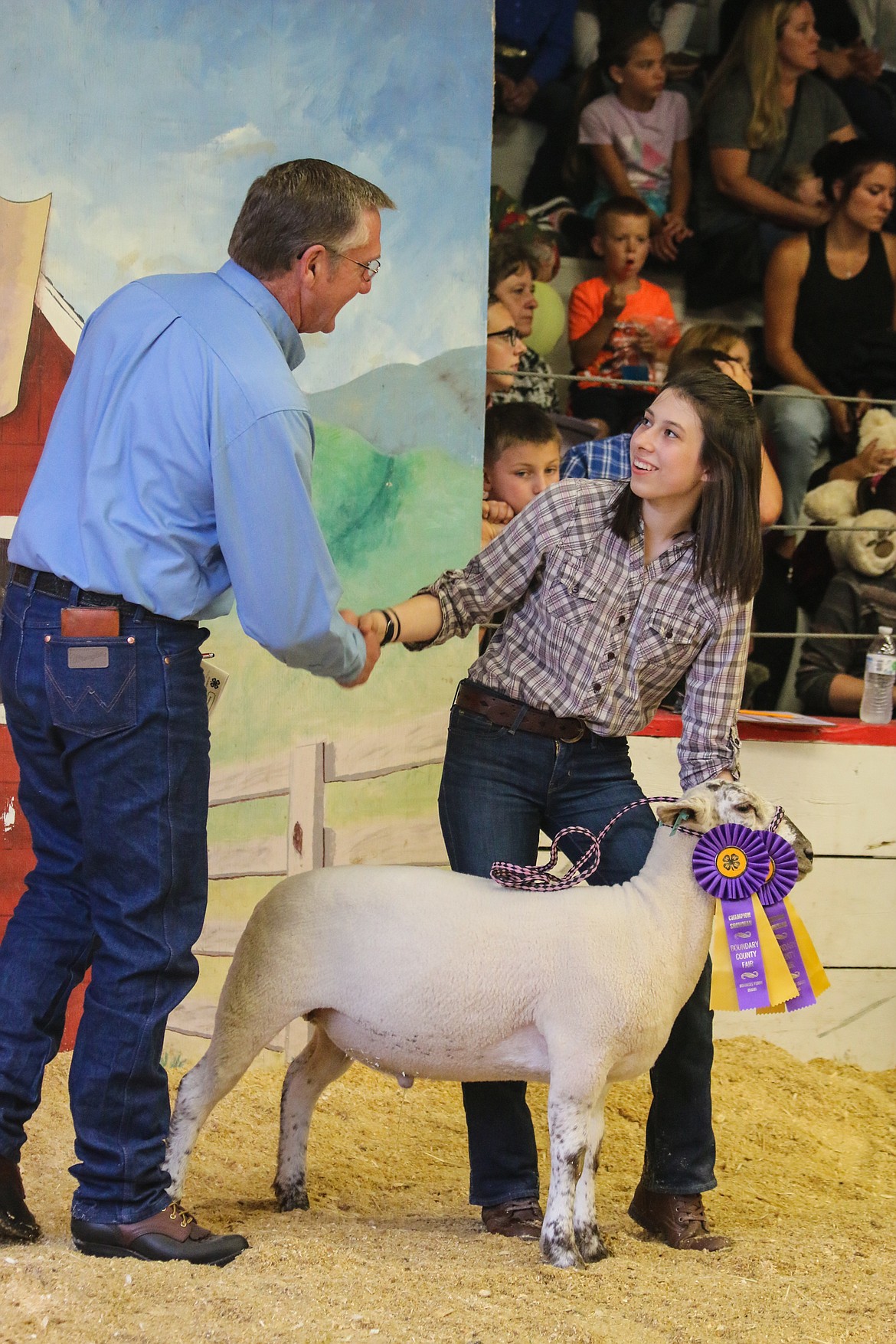Lucy Lang shakes hands with the buyer of her blue ribbon lamb.