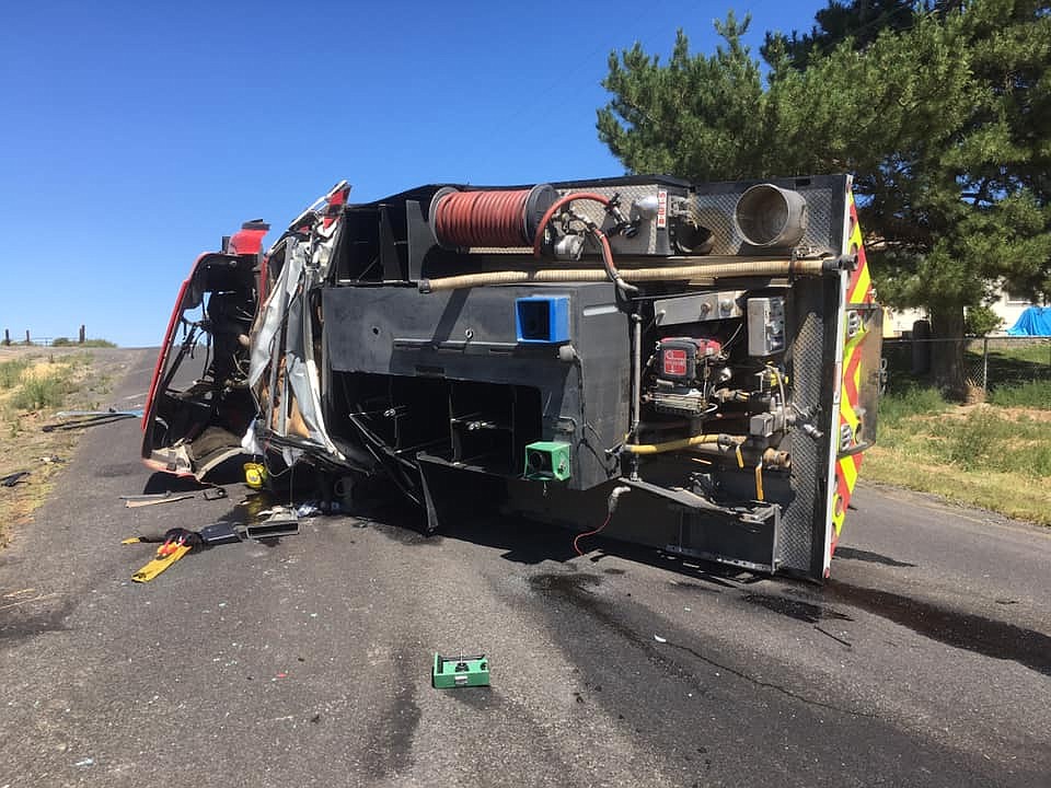 Grant County Sheriff&#146;s Office/courtesy photo
A firefighter had to be extricated from a fire truck following a rollover near Royal City over the weekend.