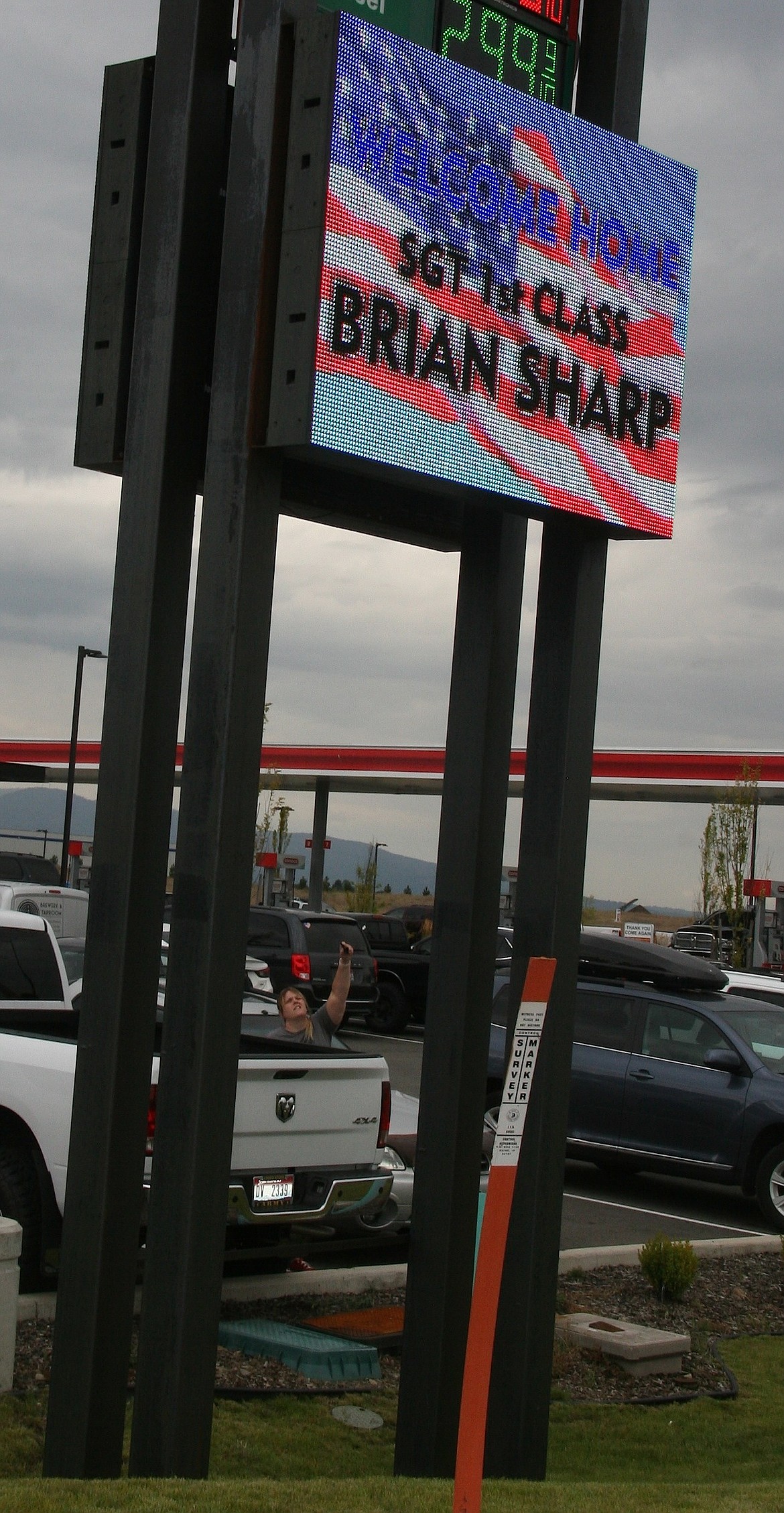 Multiple electronic signs along U.S. 95, including this one at the Lancaster Market in Hayden, displayed support for Army Sgt. First Class Brian Sharp, who was injured in Afghanistan and has returned stateside. (BRIAN WALKER/Press)