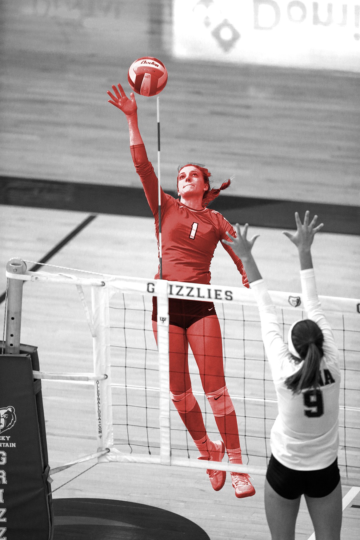 (Photo courtesy of JASON DUCHOW PHOTOGRAPHY/Illustration by KYLE CAJERO)
Sandpoint junior middle blocker Gabby Hicks winds up for a kill against Kuna in the first round of the 4A Idaho State Volleyball Championships on Oct. 26, 2018.