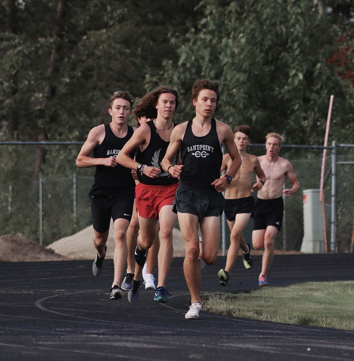 (Photo by KYLE CAJERO)
The boys cross-country team&#146;s front pack includes junior Nikolai Braedt (center), junior Jett Lucas (second from left), senior Seth Graham (left) and senior Gabe Christman (not pictured). In cross-country, the top seven varsity finishers score.