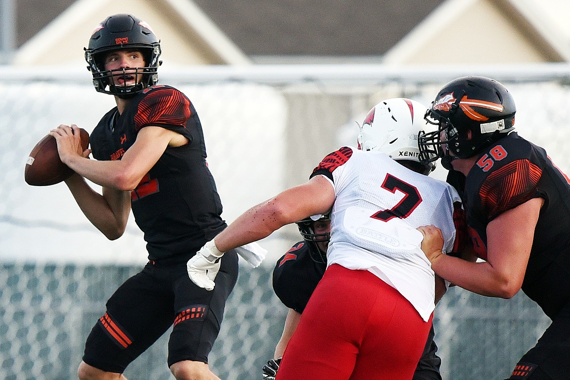 Flathead quarterback Cooper Smith (12) looks to throw in the first half against Bozeman at Legends Stadium on Friday. (Casey Kreider/Daily Inter Lake)