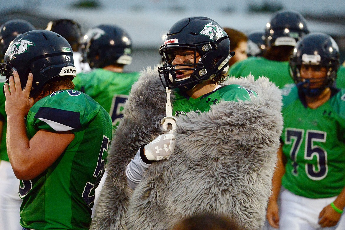 Glacier linebacker Ben Stotts (7) celebrates on the sideline after recovering a fumble in the second quarter against Mount Spokane at Legends Stadium on Friday. (Casey Kreider/Daily Inter Lake)