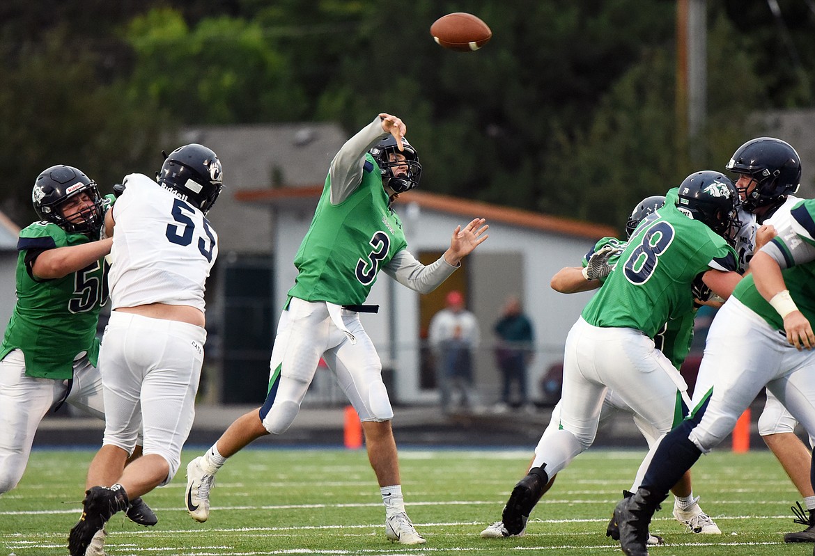 Glacier quarterback JT Allen (3) passes in the first half against Mount Spokane at Legends Stadium on Friday. (Casey Kreider/Daily Inter Lake)