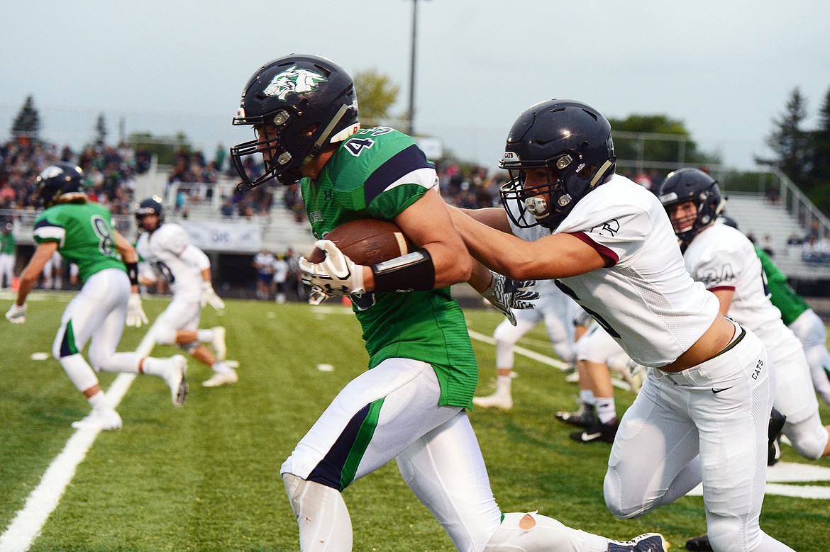 Glacier's KJ Johnson (43) returns a kickoff in the first quarter against Mount Spokane at Legends Stadium on Friday. (Casey Kreider/Daily Inter Lake)