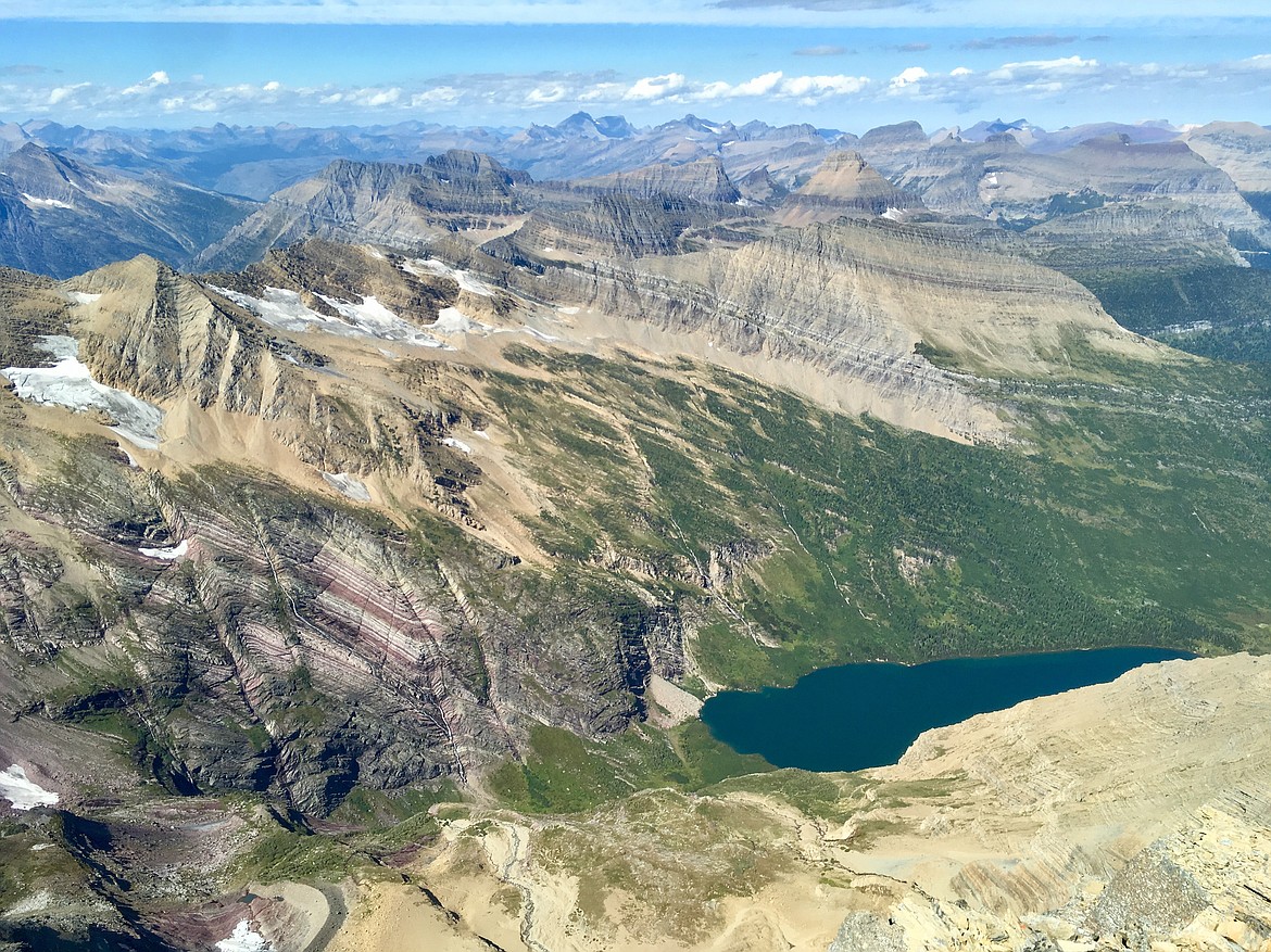 Gunsight Lake is seen in the valley below Fusillade Mountain on Sept. 1 in Glacier National Park. (Matt Baldwin/Daily Inter Lake)
