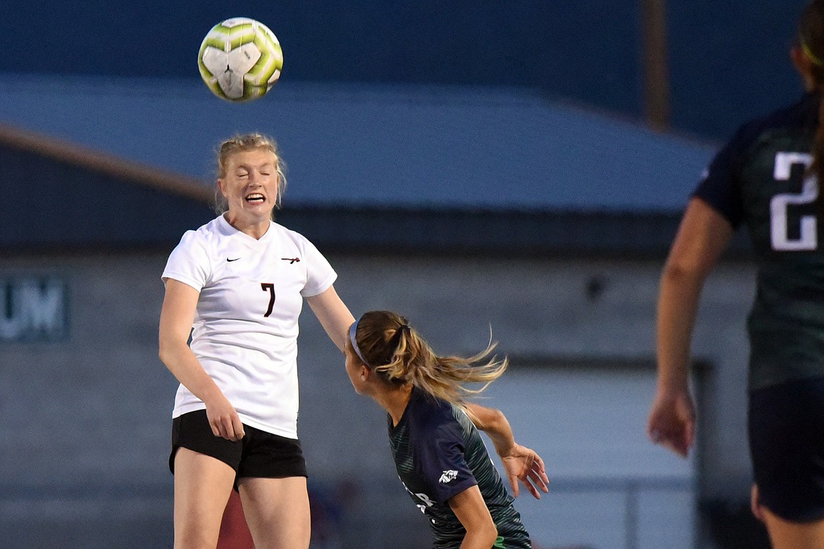 Flathead's Lily Tanko (7) heads the ball upfield against Glacier during crosstown soccer at Legends Stadium on Thursday. (Casey Kreider/Daily Inter Lake)