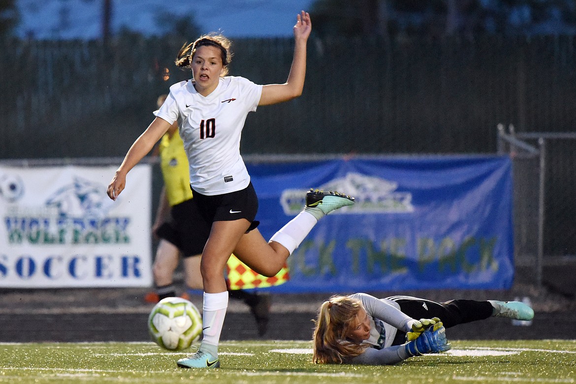 Flathead's Ashlynn Whiteman (10) scores a goal past Glacier goalkeeper Sophie Smith (1) in the first half during crosstown soccer at Legends Stadium on Thursday. (Casey Kreider/Daily Inter Lake)