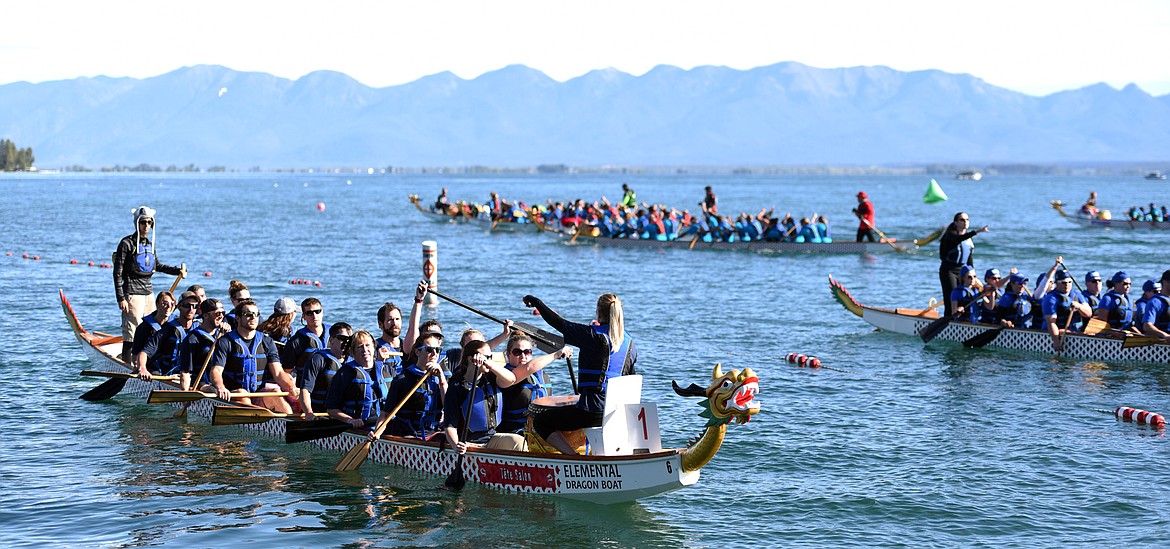 Dragon boats filling the water near Volunteer Park on Saturday morning at the Montana Dragon Boat Festival in Lakeside.
(Brenda Ahearn/Daily Inter Lake)
