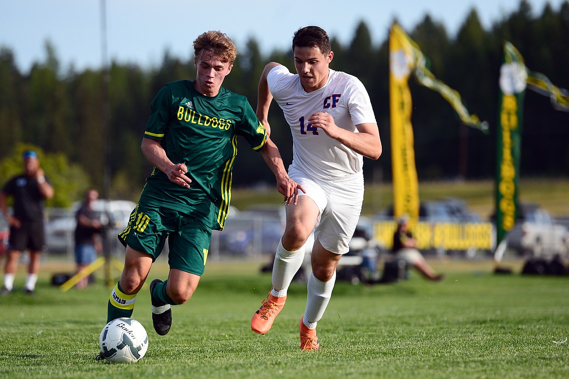 Whitefish's Casey Schneider (10) works the ball upfield against Columbia Falls' Tyler Hull (14) at Smith Fields on Tuesday. (Casey Kreider/Daily Inter Lake)