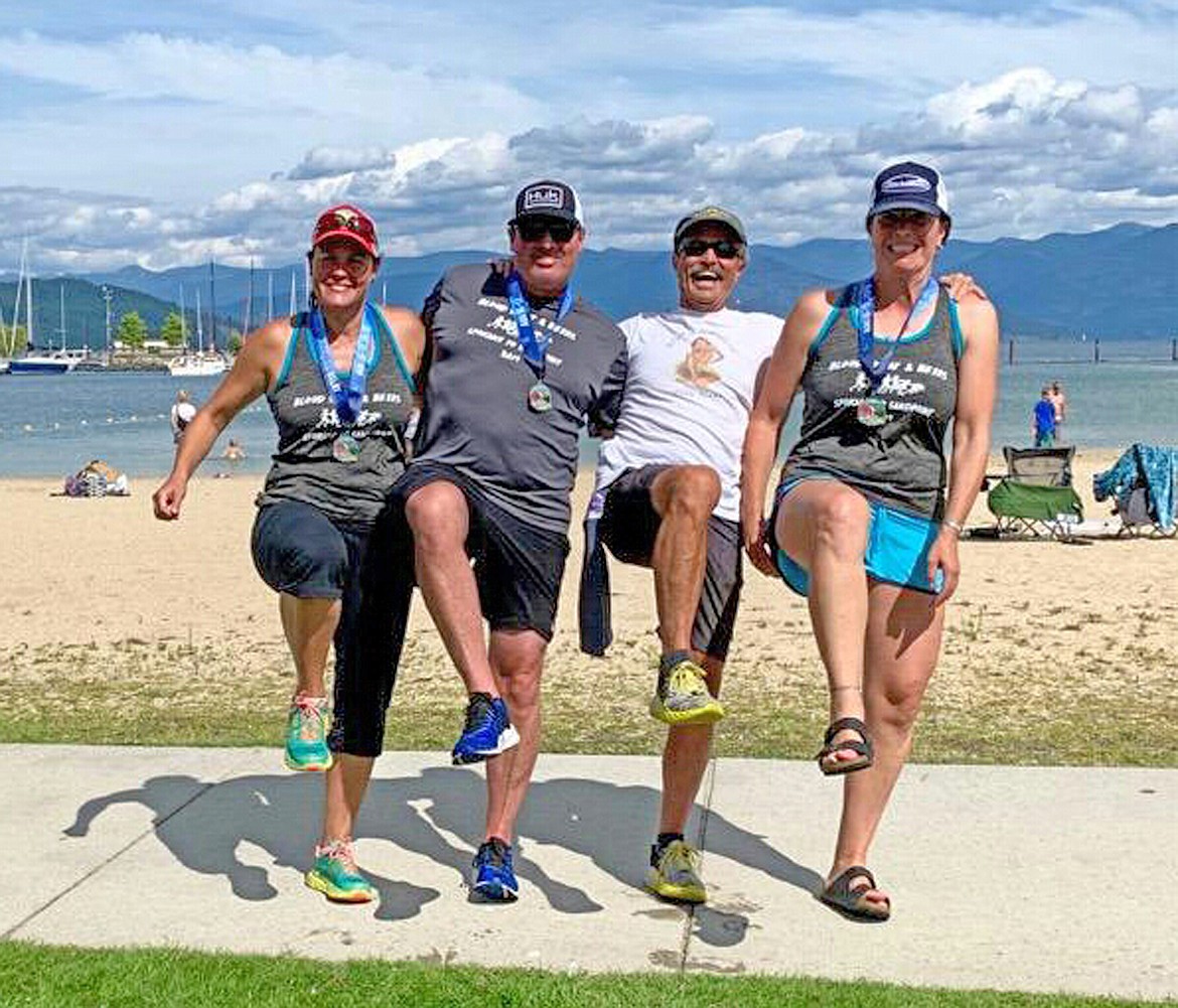 (Courtesy photo)
Shown from left: Jill Eberly of Sandpoint, Michael Mergell from Indiana, Sid Rayfield, of Sandpoint and Sunshine Seibert of Lewiston, at Sandpoint City Beach after the &#147;Spokane to Sandpoint Run.&#148;