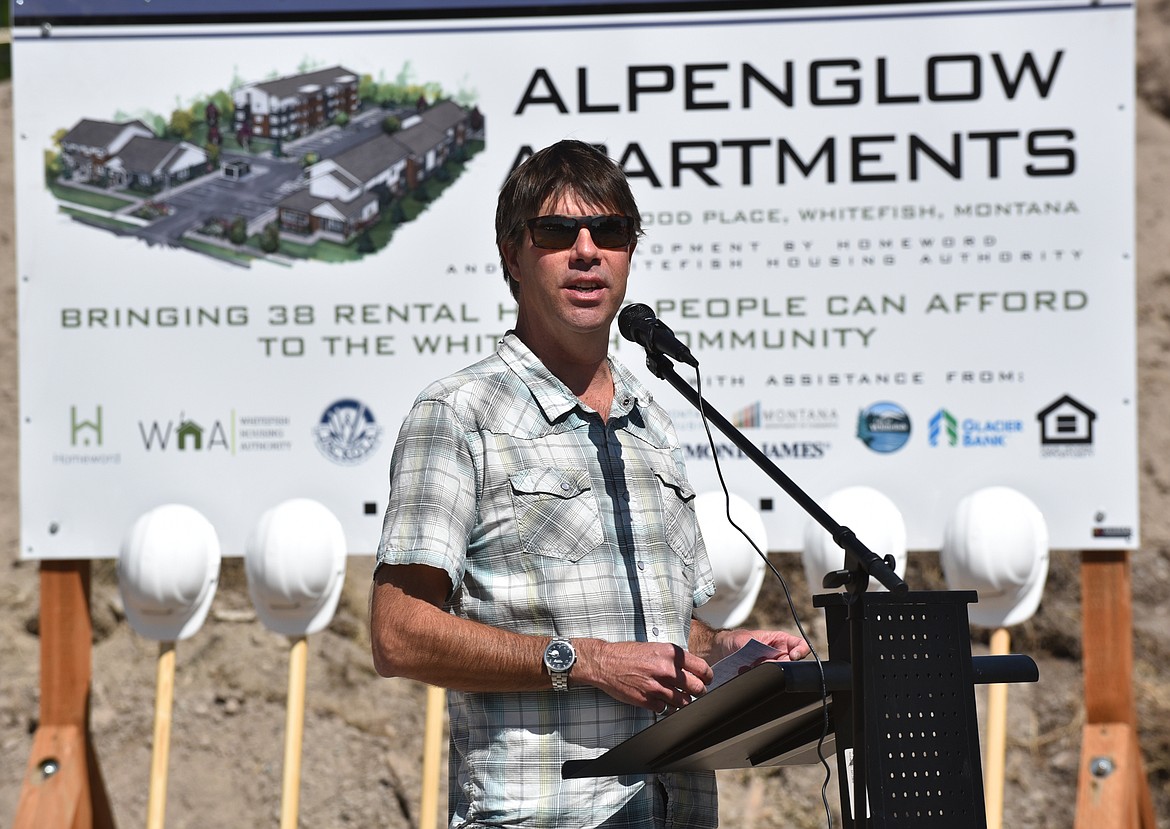 Whitefsih Mayor John Muhlfeld speaks last week at the groundbreaking ceremony for Alpenglow Apartments on Edgewood Place. (Heidi Desch/Whitefish Pilot)