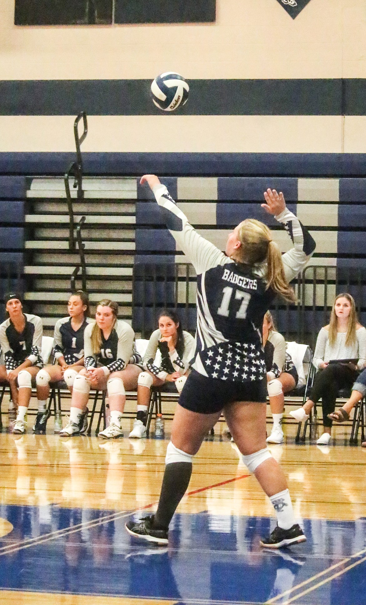 The Bonners Ferry varsity volleyball team opened its season Thursday, Aug. 29, against St. Maries. Further information on the match was not provided.
Pictured clockwise from upper left: Senior Grace Villelli saving the ball; senior Kae Hilliard-Dodge hitting the floor for a dig; senior Victoria Rae serving; and junior Reese Lane serving.