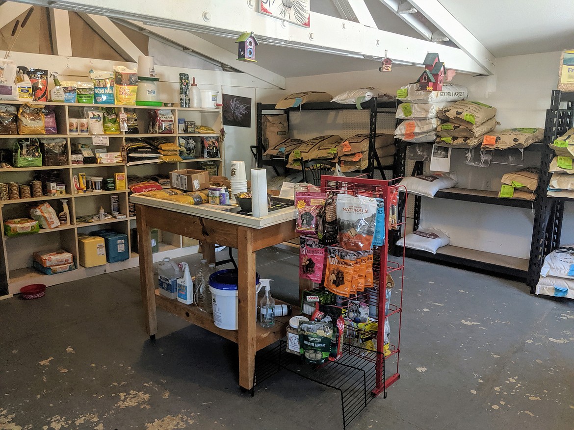 The main product area of Plan B Feed Store that is filled with locally made and grown products. Hay is kept in the back room of the building.