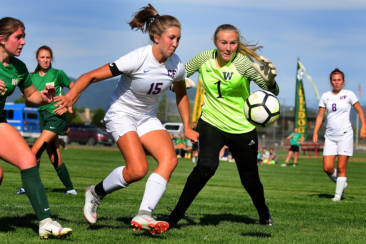 Wildkat Josie Windauer beats Whitefish keeper Sami Galbraith to the ball for a goal Tuesday.