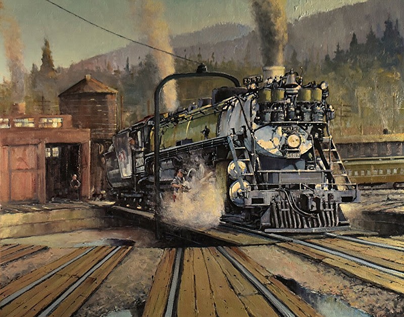 Local artist Rob Akey&#146;s historical depiction of the Whitefish railyard, &#147;Fall of &#146;44,&#148; is a 20-by-30-inch portrayal a Baldwin S-2 class Northern steam engine, freshly oiled and wiped, idling on the turntable in 1944.