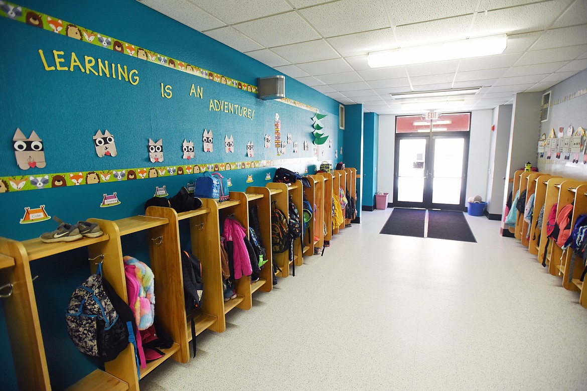 A hallway leading to an outdoor breezeway that separates the two school buildings at Ruder Elementary School in Columbia Falls on Wednesday, Sept. 11. (Casey Kreider/Daily Inter Lake)