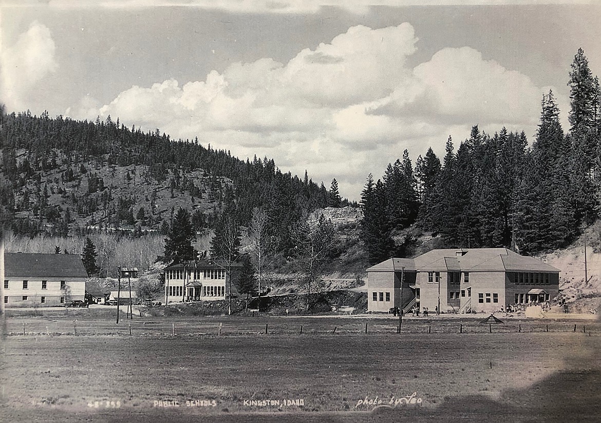 The three buildings of the Kingston School District. On the far left is the gymnasium (or The Crackerbox), in the center against the hillside is Kingston Elementary School, and on the far right is Kingston High School. The field in the foreground is where the Kingston Pirates played their football games.