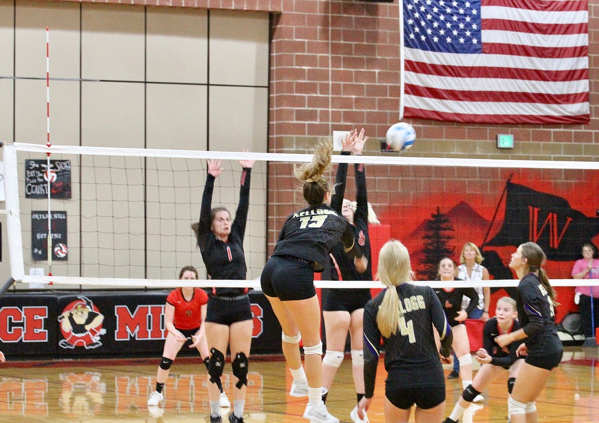 Photo by Josh McDonald/
Wildcat hitter Hailey Cheney pounds the ball past the Wallace blockers during the Wildcats&#146; match at Wallace last week.