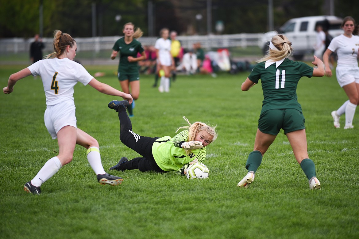 Keeper Sami Galbraith dives for the save against Billings Central on Saturday. (Daniel McKay/Whitefish Pilot)