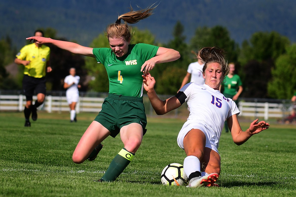 Wildkat Josie Windauer fights off Whitefish's Mary Peterson for the ball.