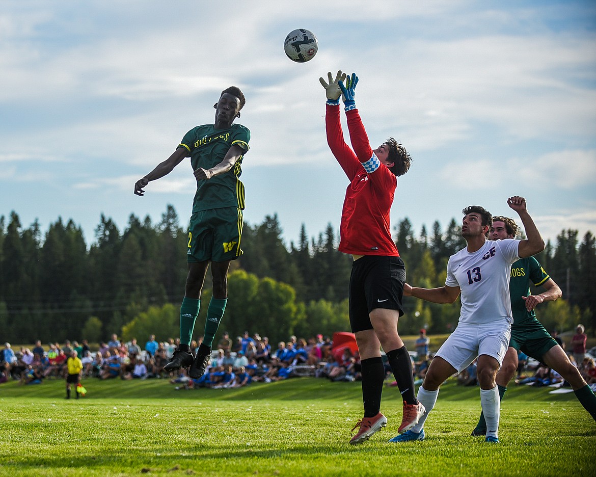 Marvin Kimera rises for the header against Columbia Falls last Tuesday. (Daniel McKay/Whitefish Pilot)