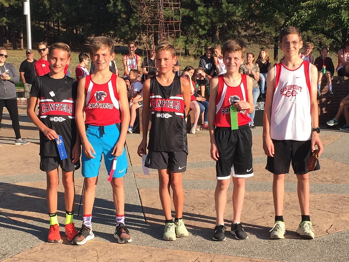 Courtesy photo
The top five boys finishers in the varsity division of a middle school cross country meet held by Lakes Middle School at Cherry Hill Park on Sept. 19 are, from left, Max Cervi-Skinner, Canfield (first); Lachlan May, Coeur d&#146;Alene Charter (second); Zack Cervi-Skinner, Canfield (third); Nathan Russell, Coeur d&#146;Alene Charter (fifth); and Nathan Roche, Sandpoint (sixth). Not pictured is Jacob King, Canfield (fourth).