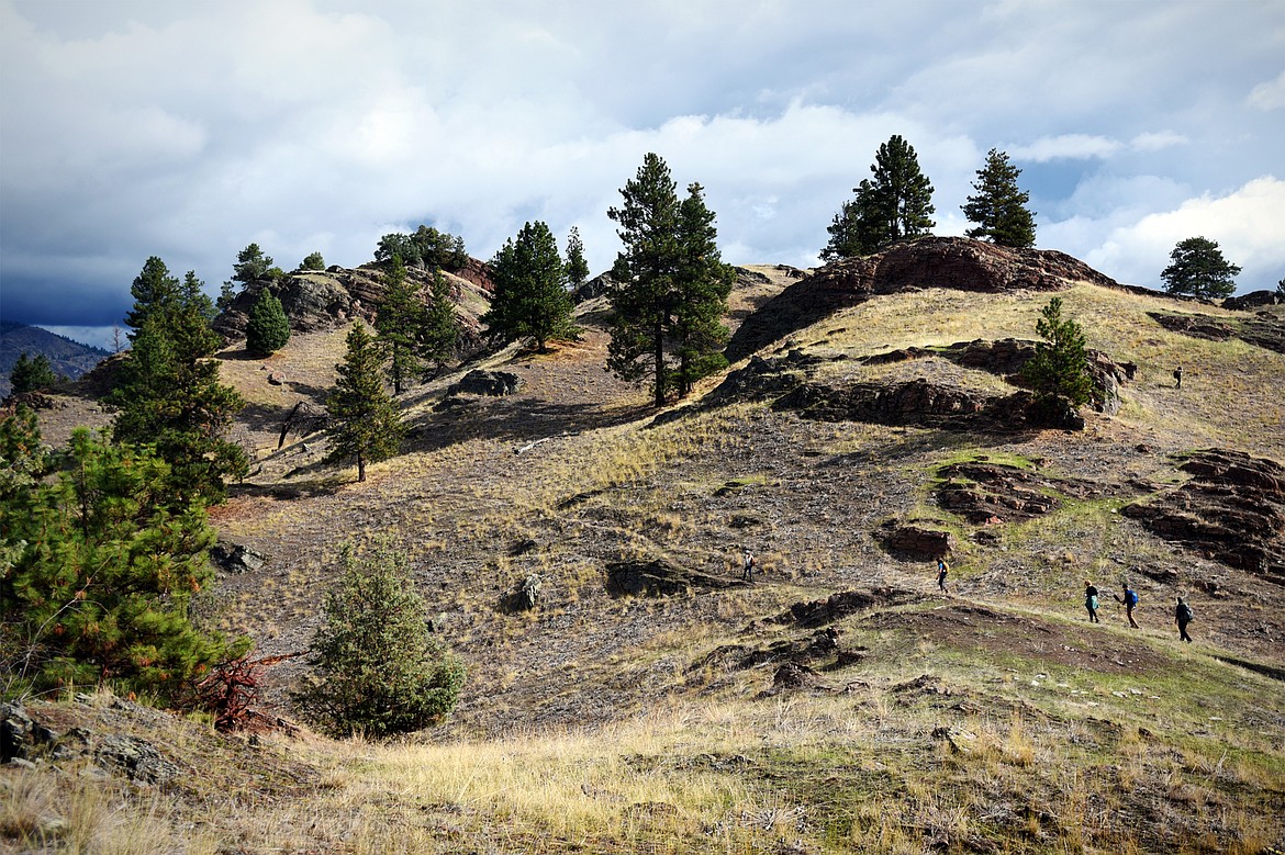 Members of a tour led by Montana Fish, Wildlife and Parks and the Montana State Parks Foundation walk through Wild Horse Island State Park on Thursday, Sept. 19. (Casey Kreider/Daily Inter Lake)