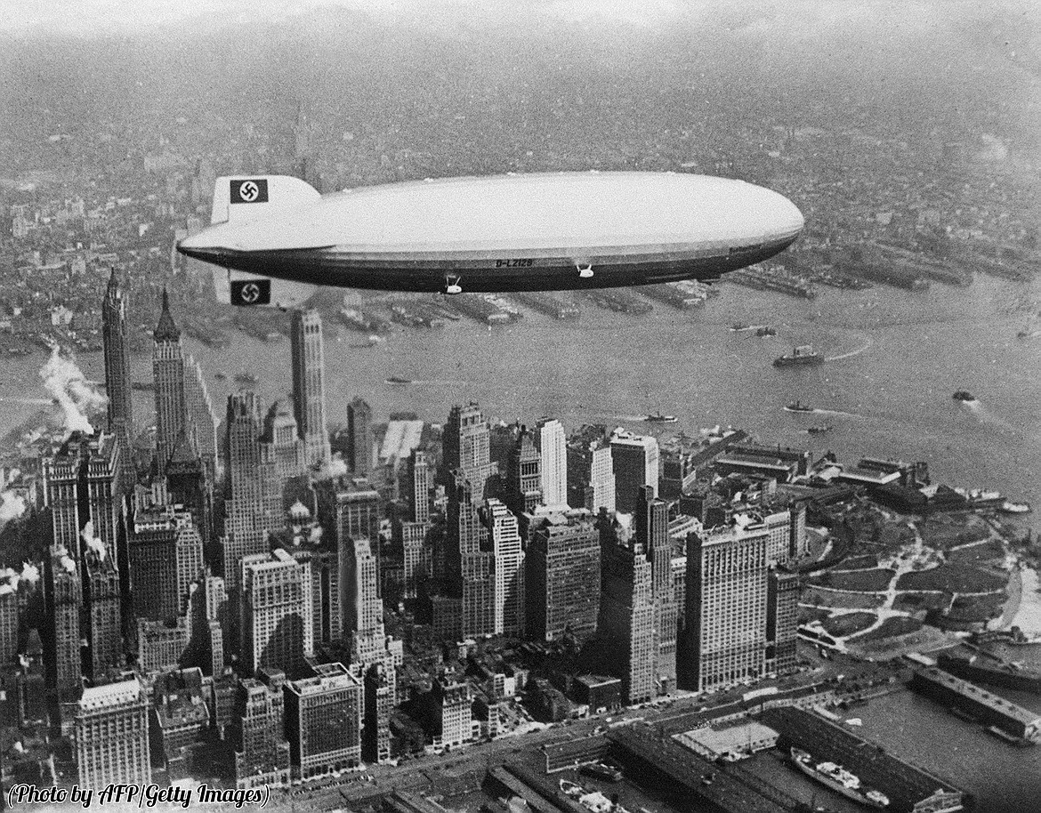 ASSOCIATED PRESS PHOTO
The Hindenburg over Manhattan just before fatal crash at Lakehurst, N.J. (1937).