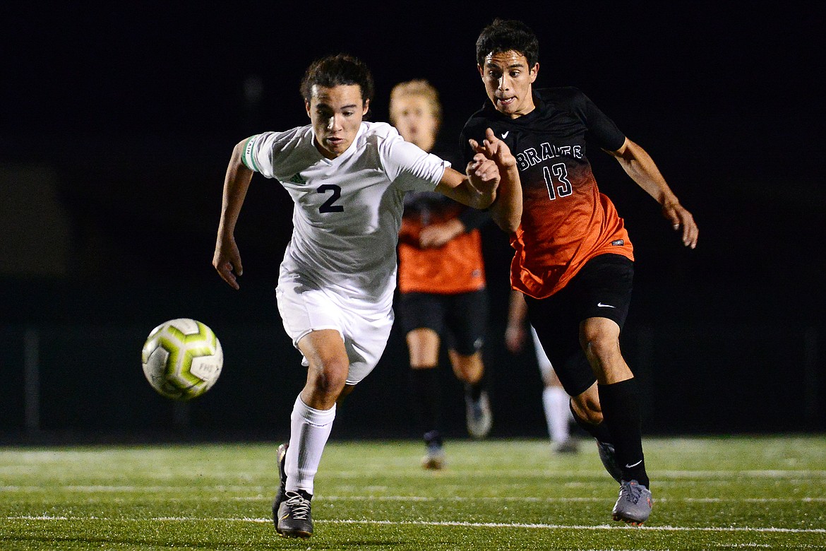 Glacier's Diego Mendoza (2) and Flathead's Arsen Sokolov battle for possession in the first half during crosstown soccer at Legends Stadium on Tuesday. (Casey Kreider/Daily Inter Lake)