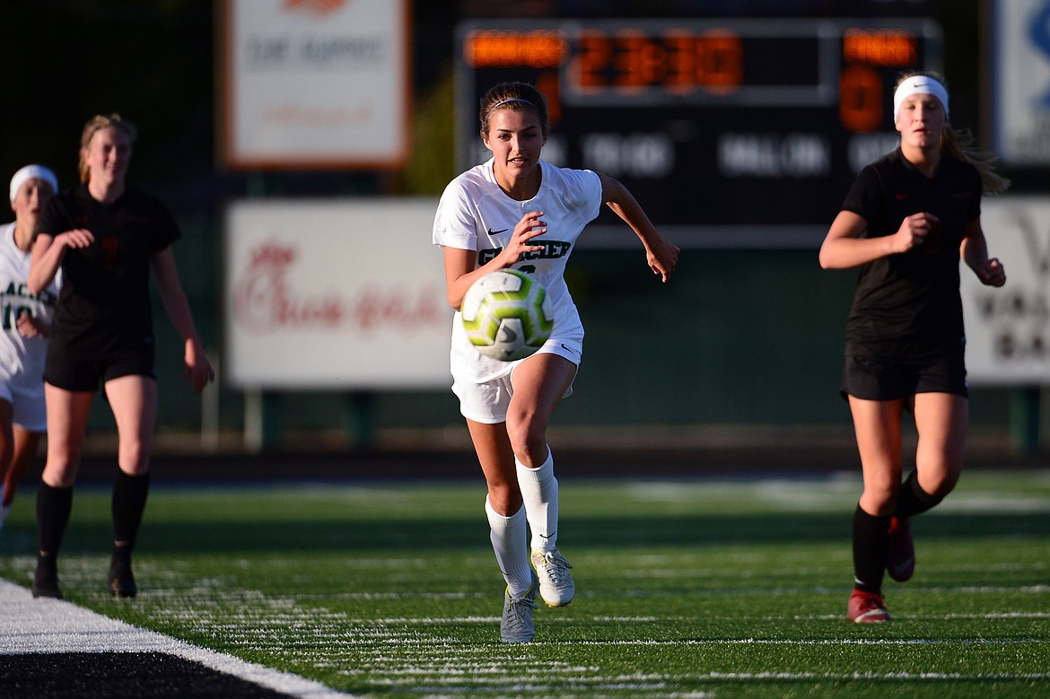 Glacier's Alma Patrick (6) chases down a ball against Flathead during crosstown soccer at Legends Stadium on Tuesday. (Casey Kreider/Daily Inter Lake)