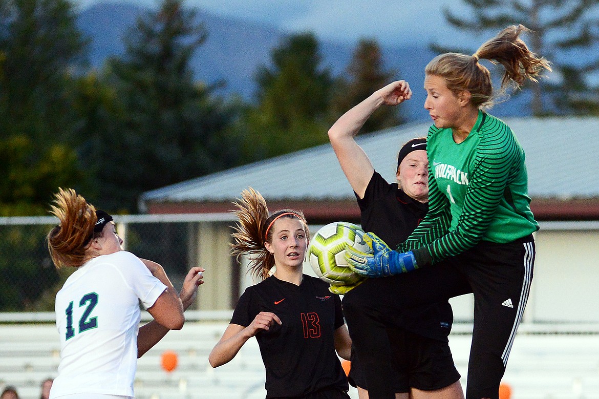 Glacier goalkeeper Sophie Smith (1) makes a save against Flathead during crosstown soccer at Legends Stadium on Tuesday. (Casey Kreider/Daily Inter Lake)