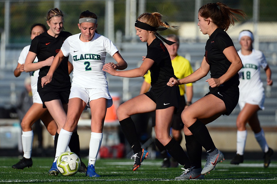 Glacier's Emily Cleveland (2) scores a first-half goal against Flathead during crosstown soccer at Legends Stadium on Tuesday. (Casey Kreider/Daily Inter Lake)