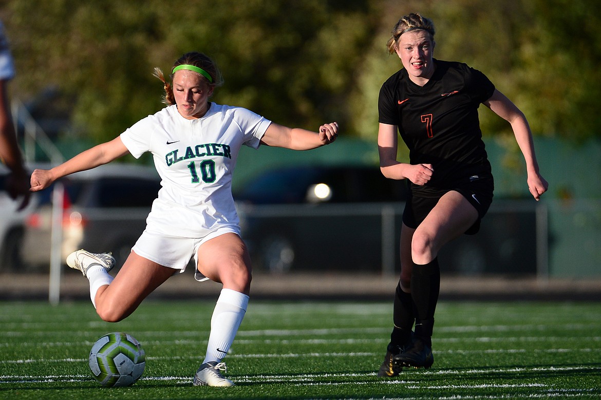 Glacier's Micah Hicketheir (10) looks to shoot against Flathead during crosstown soccer at Legends Stadium on Tuesday. (Casey Kreider/Daily Inter Lake)